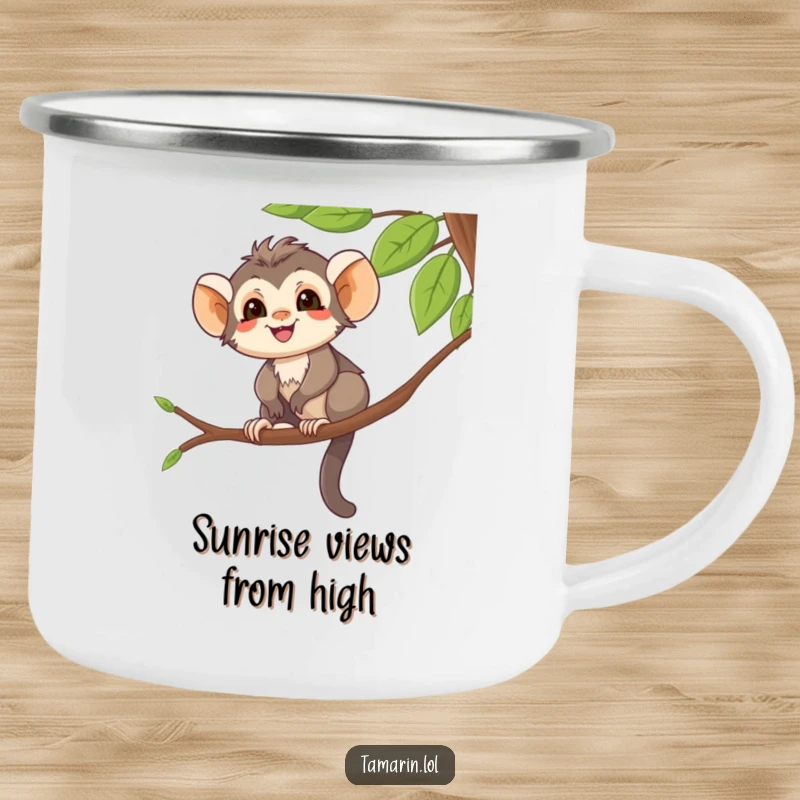 Funny Enamel Camping Mug featuring a smiling tamarin character balancing on a tree branch, perfect for jungle-themed camping.