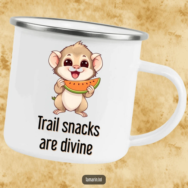 Funny Enamel Camping Mug featuring an excited tamarin character holding a juicy piece of fruit, perfect for outdoor snacking.