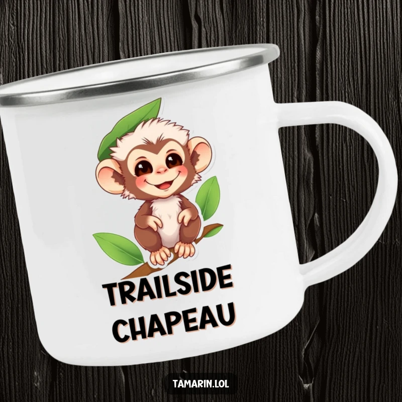 Funny tamarin monkey camping mug showing a smiling primate wearing a leaf hat, perfect for outdoor adventures and a laugh.