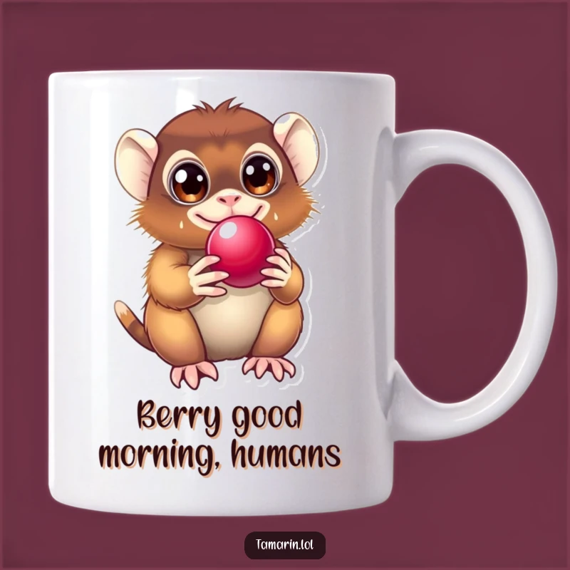 Funny Tamarin Delight Mug: Adorable Primate Enjoying Berry, Perfect Funny Gift!