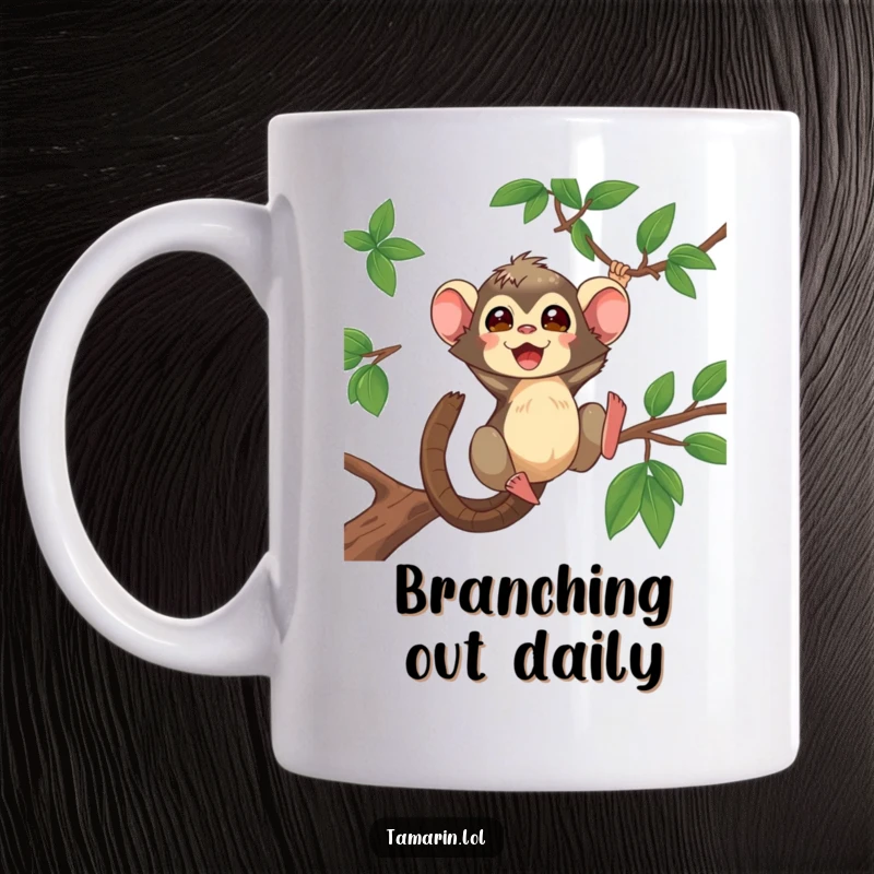 Funny Tamarin Mug featuring a hyperactive tamarin character swinging wildly and joyfully through lush green jungle branches.