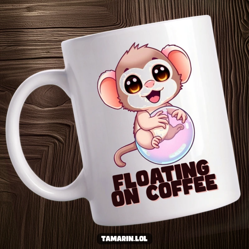 Funny tamarin mug, showing a tamarin with wide, delighted eyes attempting to balance on a floating bubble, capturing whimsical, fleeting joy.