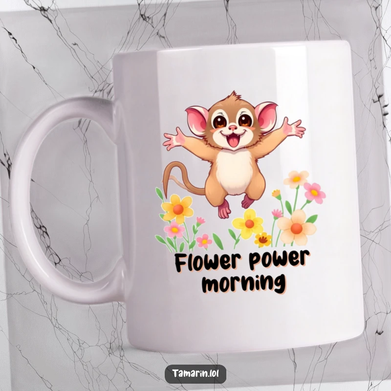 Funny tamarin mug showing a joyful tamarin leaping with arms wide open through vibrant, colorful flowers, capturing pure exuberance.