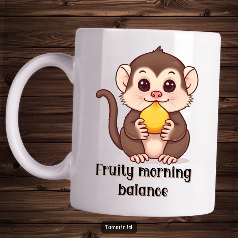 Funny Tamarin Mug: A cute tamarin expertly balances a piece of fruit on its nose with concentration and charm.