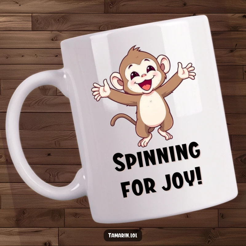 Funny mug showcasing a joyful tamarin monkey with arms wide, happily spinning around in a celebration of pure delight.