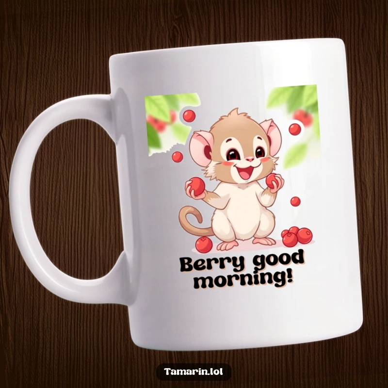 Funny mug showcasing a tamarin enthusiastically juggling small, round berries with a look of pure, unadulterated glee.