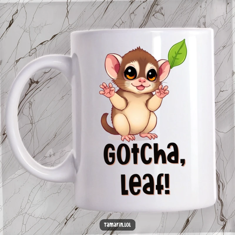 Funny Leaf-Catching Tamarin Mug: A playful monkey reaching out with tiny hands to catch a falling leaf, bringing a smile to your coffee routine.