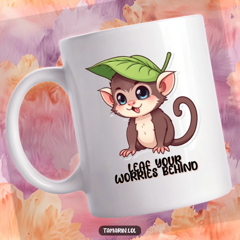 Funny mug showcasing a tamarin character with a leaf as a hat, sporting a wonderfully mischievous and playful expression, radiating impish delight.
