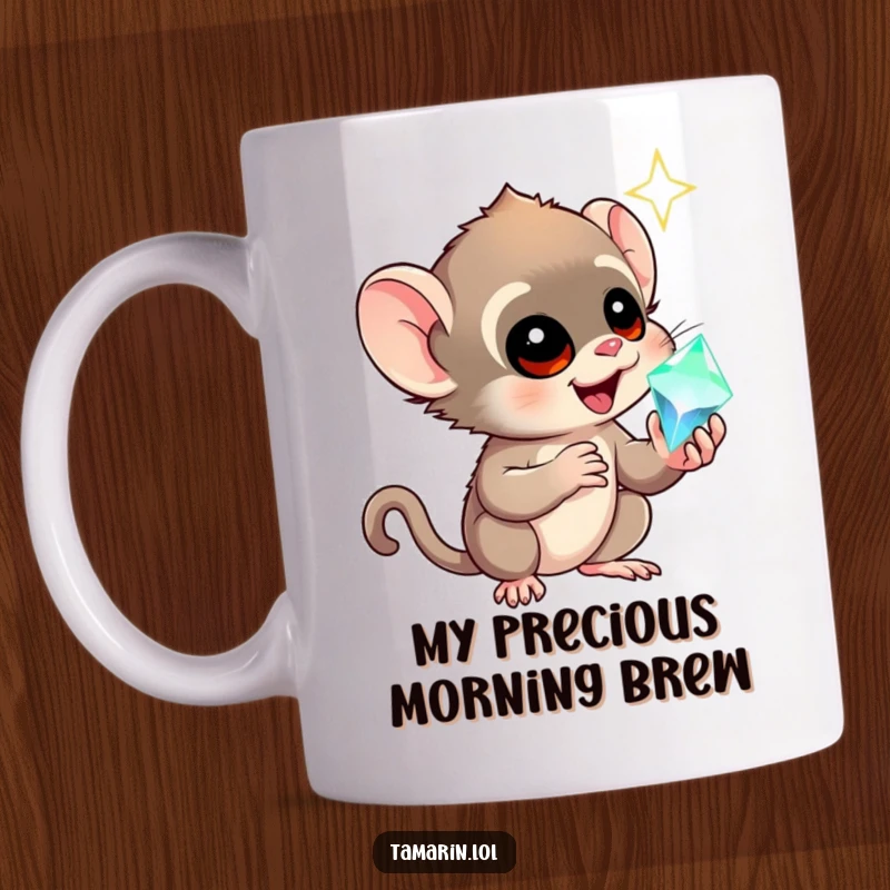 Funny tamarin mug with wide eyes, holding a dazzling gem in awe, showcasing pure, delighted wonder for a humorous gift.