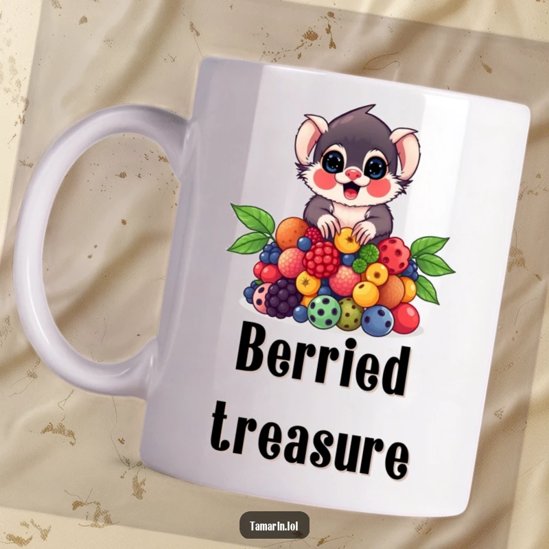 Funny Tamarin Mug featuring a tamarin carefully balancing a precarious, colorful pile of ripe berries on its head.