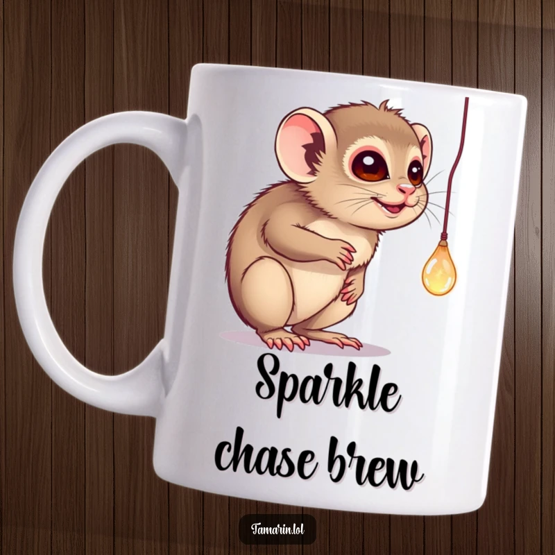 Funny tamarin mug showing a tamarin playfully batting at a dangling, sparkling object with intense curiosity and playful focus.
