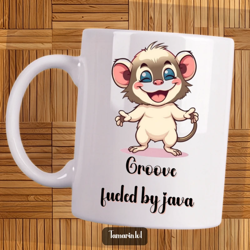 Funny tamarin mug features a small monkey in a joyful, bouncy dance pose with a wide, ecstatic grin.