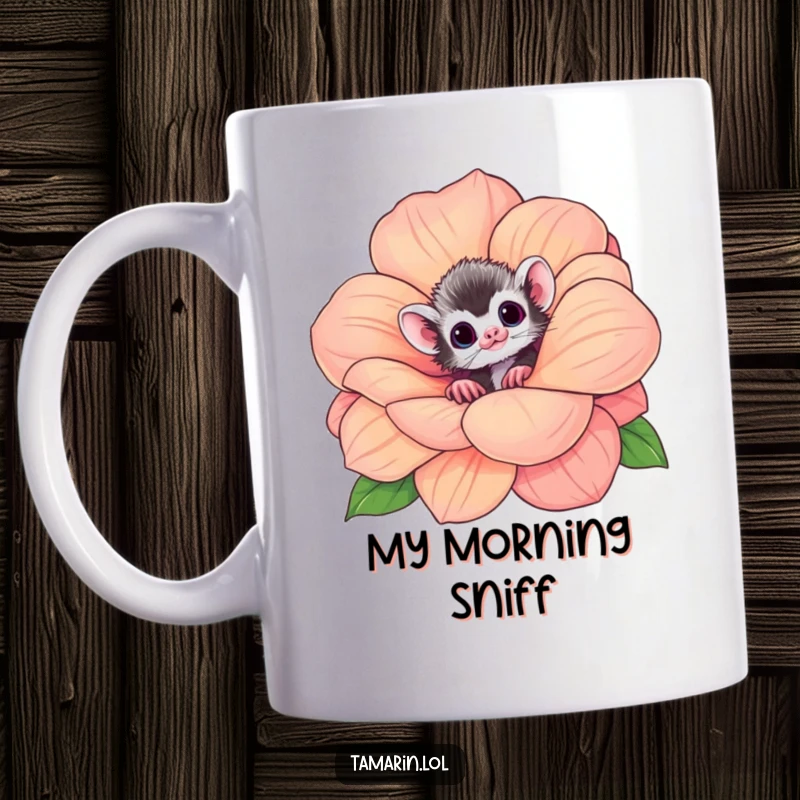 Funny tamarin mug with a cute monkey peeking from behind a huge, fragrant flower, looking curious and sweet.
