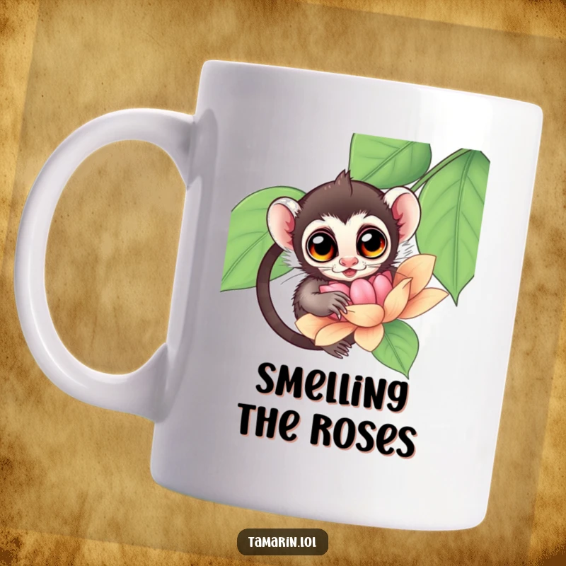 Funny Tamarin Mug featuring a tamarin with huge, curious eyes peering into and exploring the center of a giant, vibrant flower.