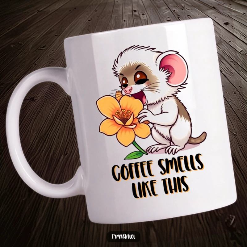 Funny tamarin monkey excitedly sniffing a large, vibrant flower, showcasing curiosity and a love for nature.