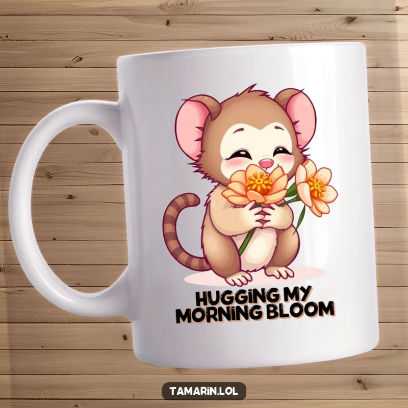 Funny mug with a cute tamarin character giving a big, warm hug to a beautiful flower, embodying kindness and nature appreciation.
