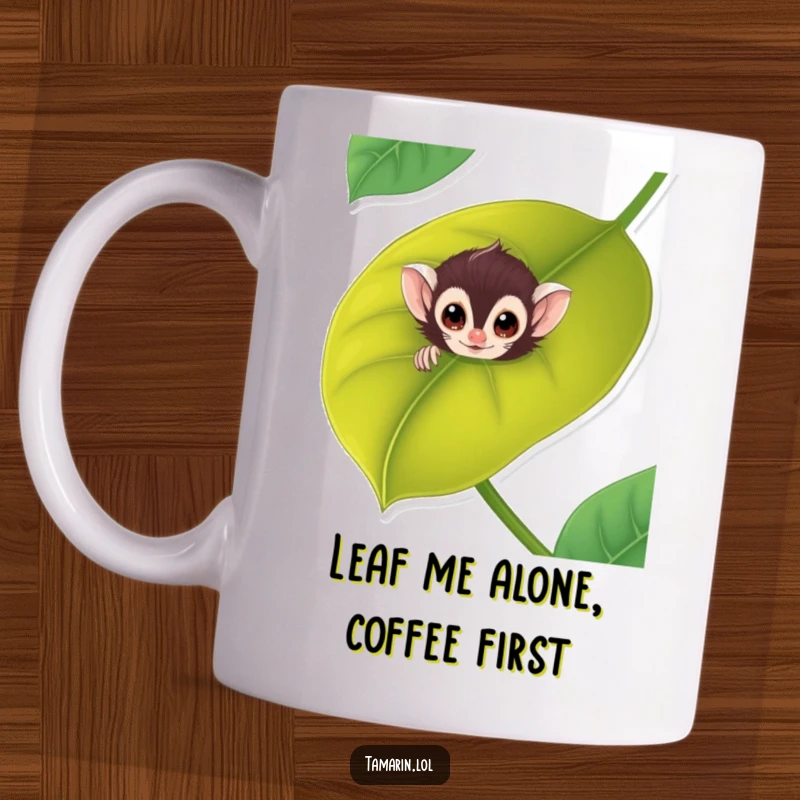 Funny tamarin mug shows a curious monkey peeking slyly from behind a big, green leaf, looking playful and mischievous.