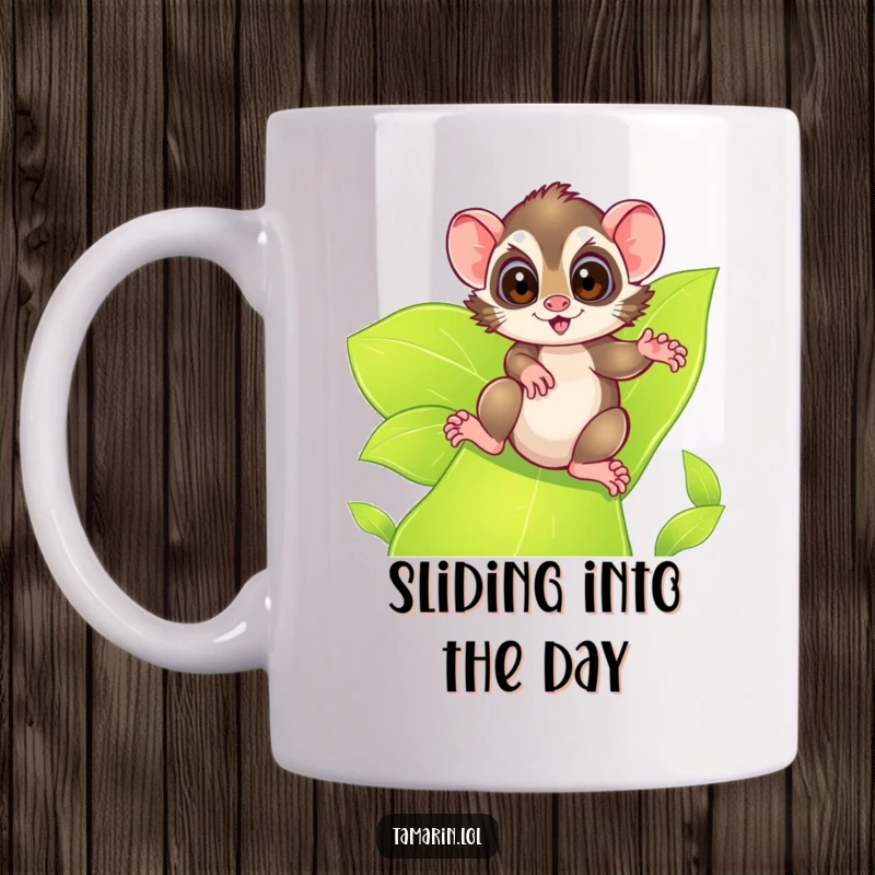 Funny tamarin mug, showing an excited tamarin with wide eyes happily sliding down a lush, green leafy slide, embodying pure fun.