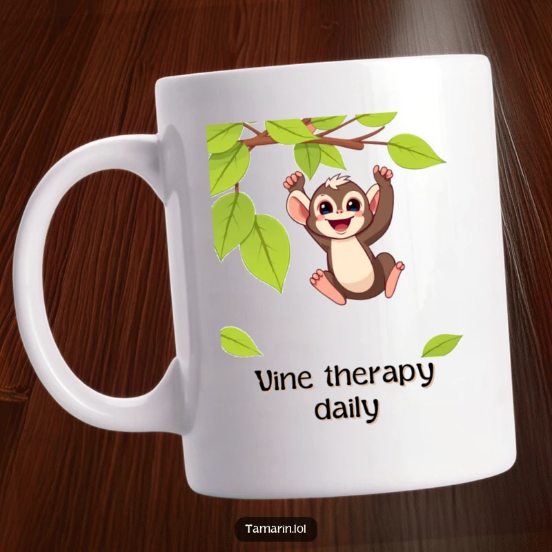 Funny monkey mug featuring a small tamarin gleefully swinging from a vine, embodying wild joy and playful energy.