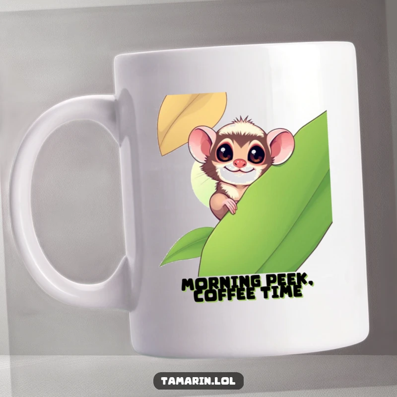 Funny tamarin monkey playfully peeking out from behind a large green leaf, with mischievous eyes.