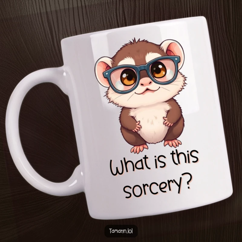 Funny tamarin monkey wearing oversized glasses, squinting intensely at something captivating, a hilarious and relatable moment for coffee lovers.