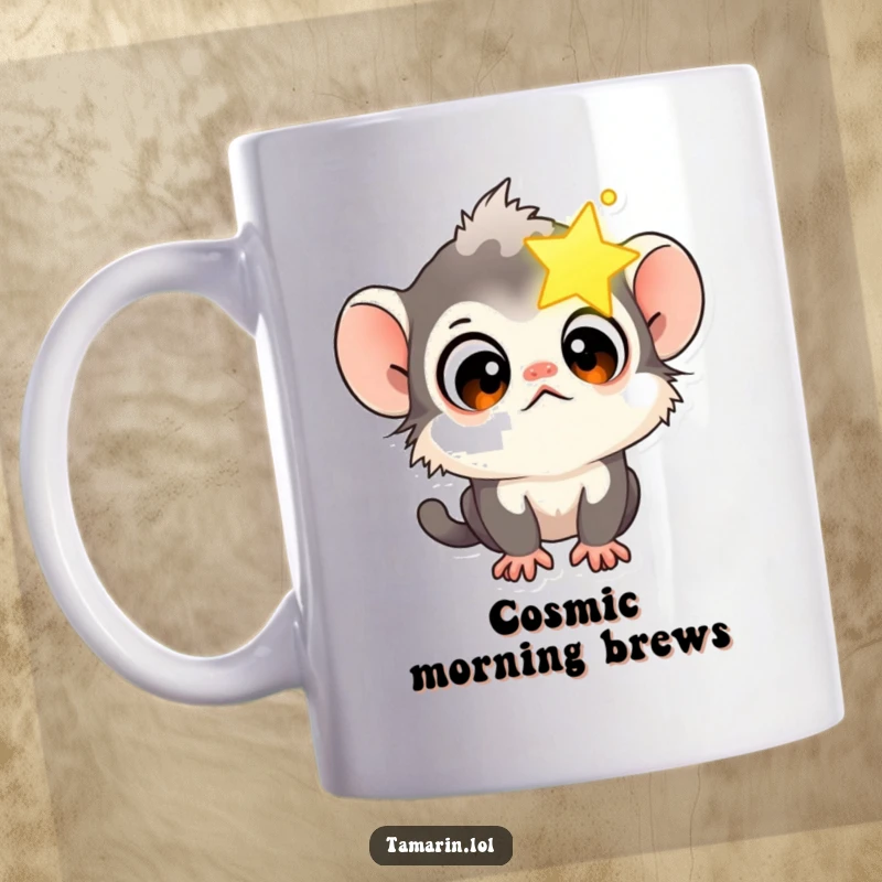 Funny Tamarin Star Gazer Mug showing a curious tamarin monkey with wide eyes peering into a bright, glowing star.