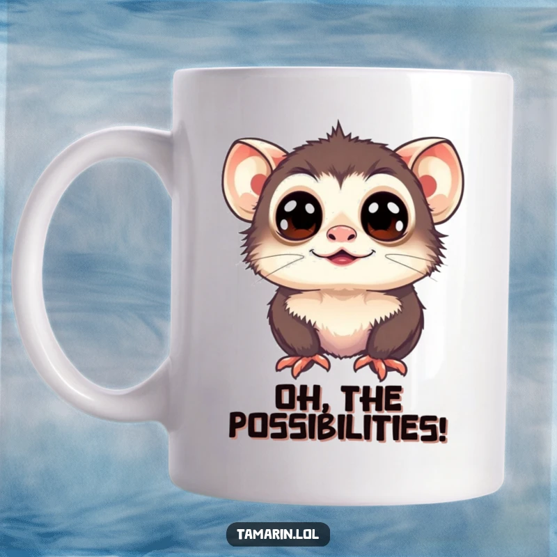 Funny Tamarin Mug: Wide-eyed tamarin looking upwards with pure happiness and infectious optimism.