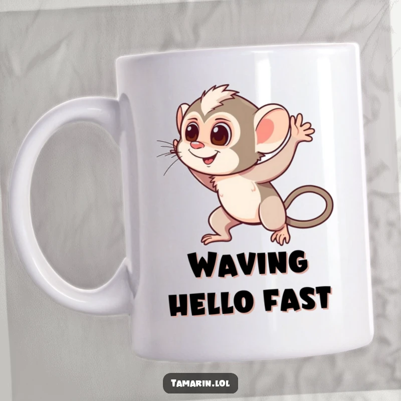 Funny Waving Tamarin Mug: A cheerful monkey with motion lines, waving hello energetically, bringing a friendly spirit to your coffee time.
