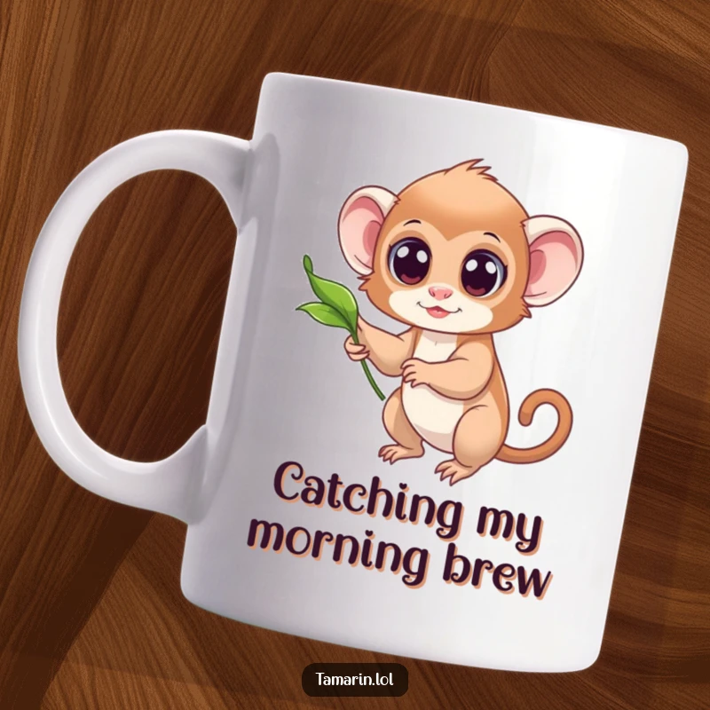 Funny mug featuring a tamarin with big, curious eyes reaching gently for a delicate floating leaf.