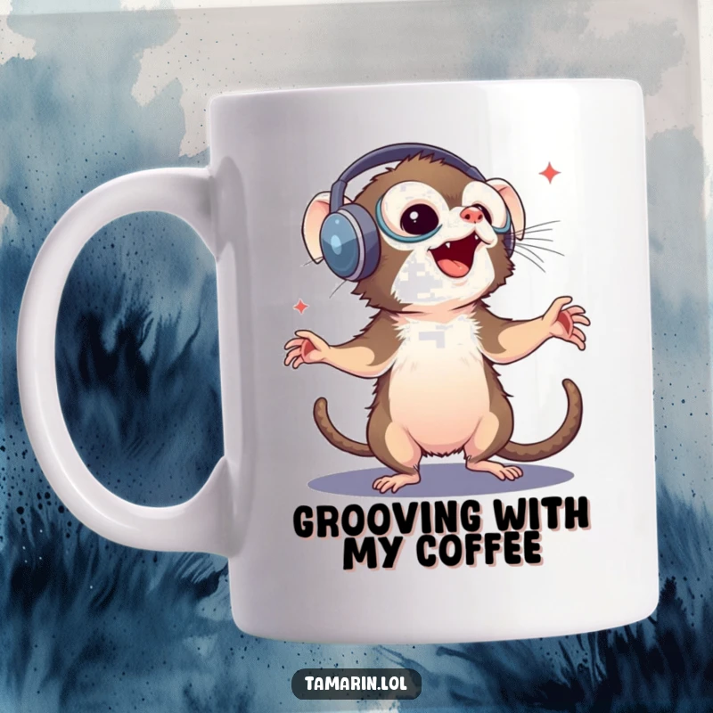 Funny tamarin mug: a joyful monkey wearing huge headphones, dancing enthusiastically with eyes closed in pure musical bliss.