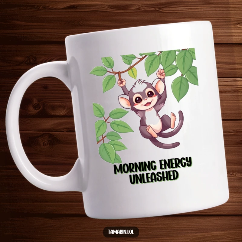 Funny Mug featuring a cute tamarin character playfully swinging from a jungle vine, embodying playful energy and humor.