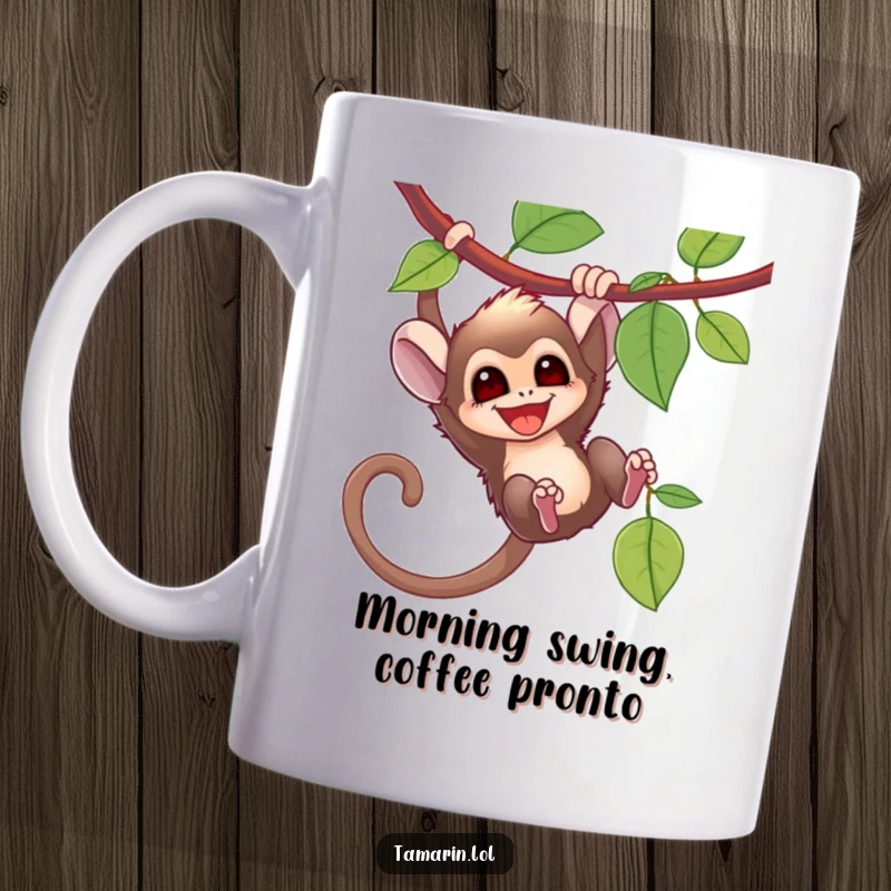 Funny tamarin monkey energetically swinging from a vine with a wide, infectious grin, highlighting pure joy and adventure.