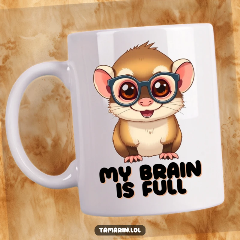 Funny Spectacled Tamarin Mug: Mischievous monkey with tiny glasses, grinning widely, ready to share a laugh over coffee.
