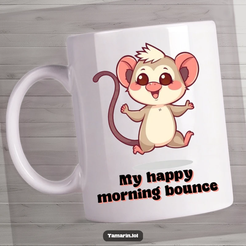 Funny mug featuring a tamarin character doing a cheerful hop with its long tail held high, expressing pure delight.