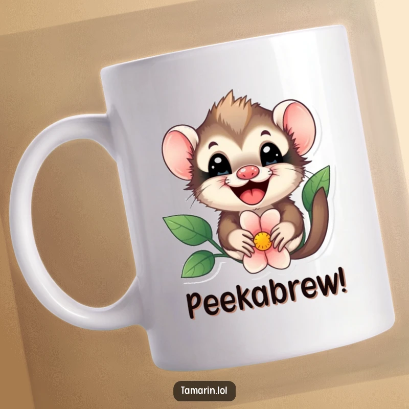 Funny tamarin flower peek mug, a happy tamarin joyfully peeking from behind a large colorful flower, looking cute and curious.