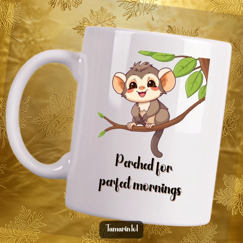 Funny Mug featuring a smiling tamarin character expertly balancing on a tree branch, embodying playful stability and humor.