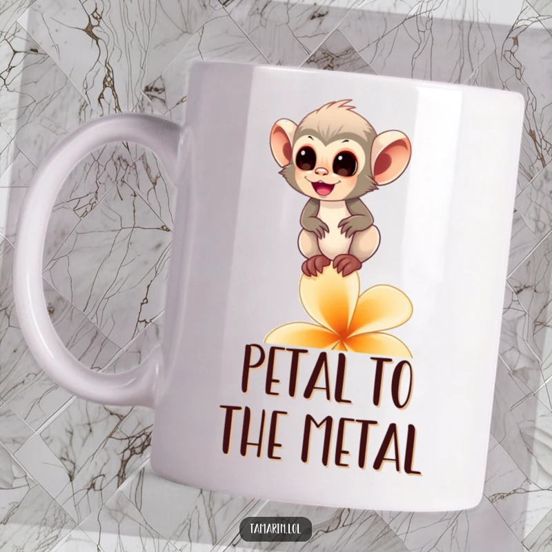 Funny tamarin monkey mug featuring a happy primate delicately balancing on a single flower petal with a joyful expression.