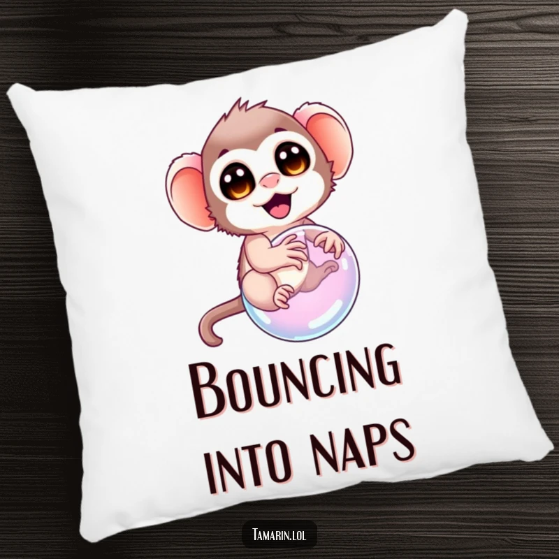 Funny tamarin pillow, featuring a tamarin with delighted eyes attempting to ride a bubble, offering comfort and a reminder of whimsical pursuit.