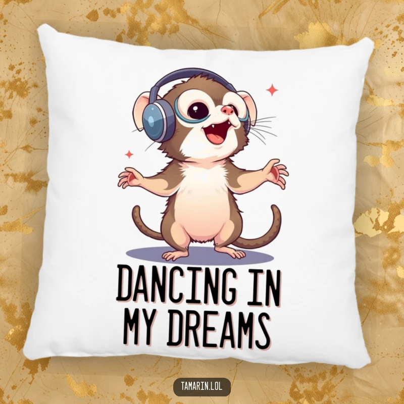 Funny tamarin pillow: a soft cushion depicting a monkey wearing large headphones and dancing with pure delight, offering comfort and musical cheer.