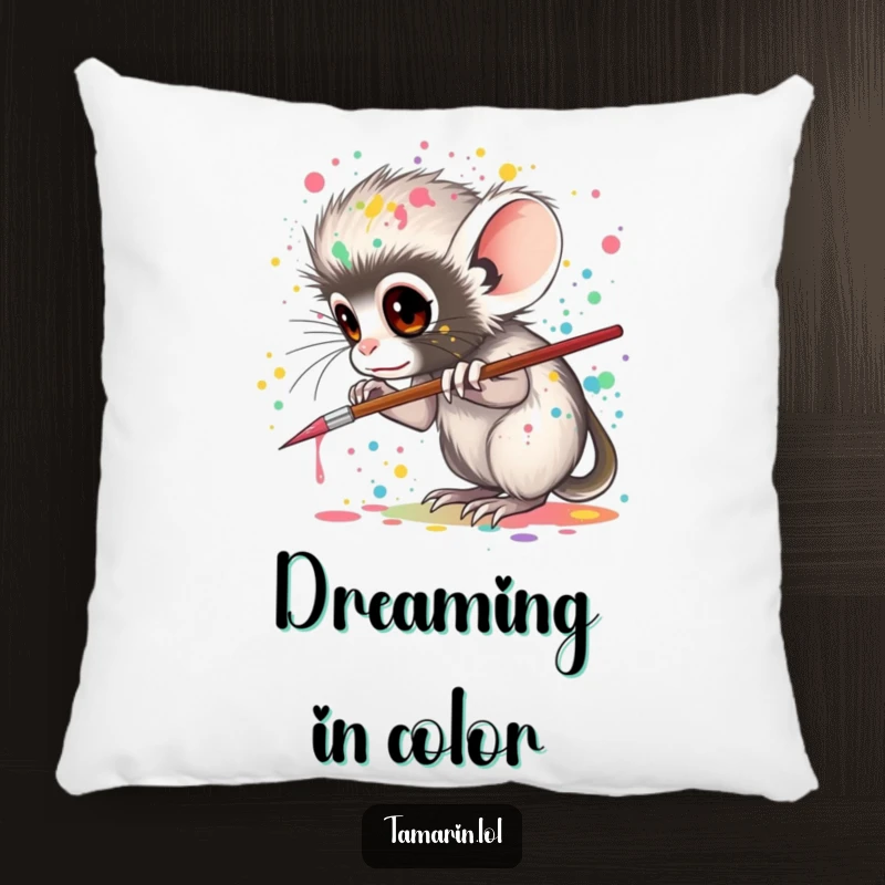 Funny tamarin pillow, featuring a tamarin artistically splattering paint, offering comfort and a reminder of creative passion and vibrant expression.