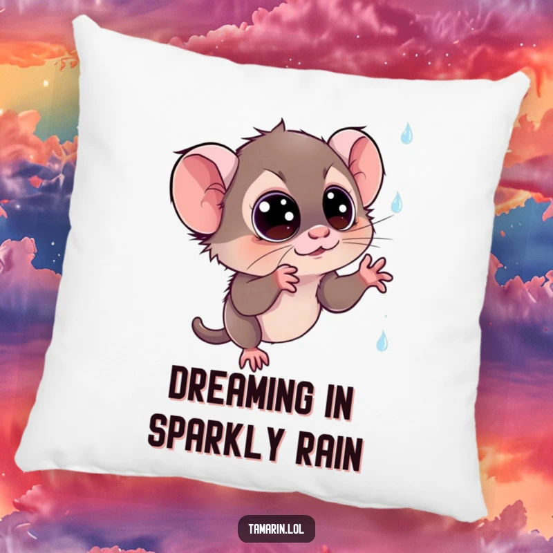 Funny tamarin pillow: a soft, plush pillow showing a curious monkey trying to catch shimmering, sparkly rain, offering comfort and dreamy vibes.