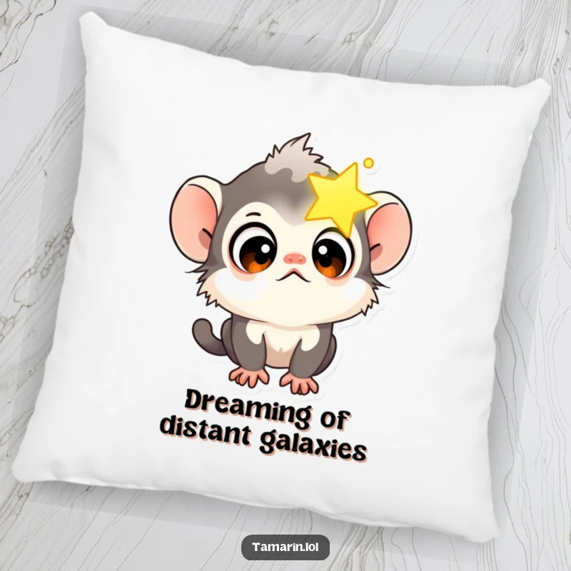 Funny Tamarin Star Gazer Pillow showing a wide-eyed tamarin monkey looking curiously at a glowing star.