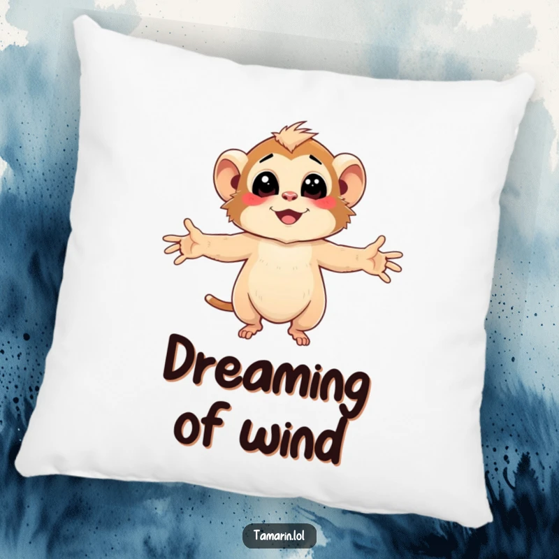 Funny Tamarin Pillow featuring character embracing the gentle, smiling breeze with arms wide open, offering comfort.