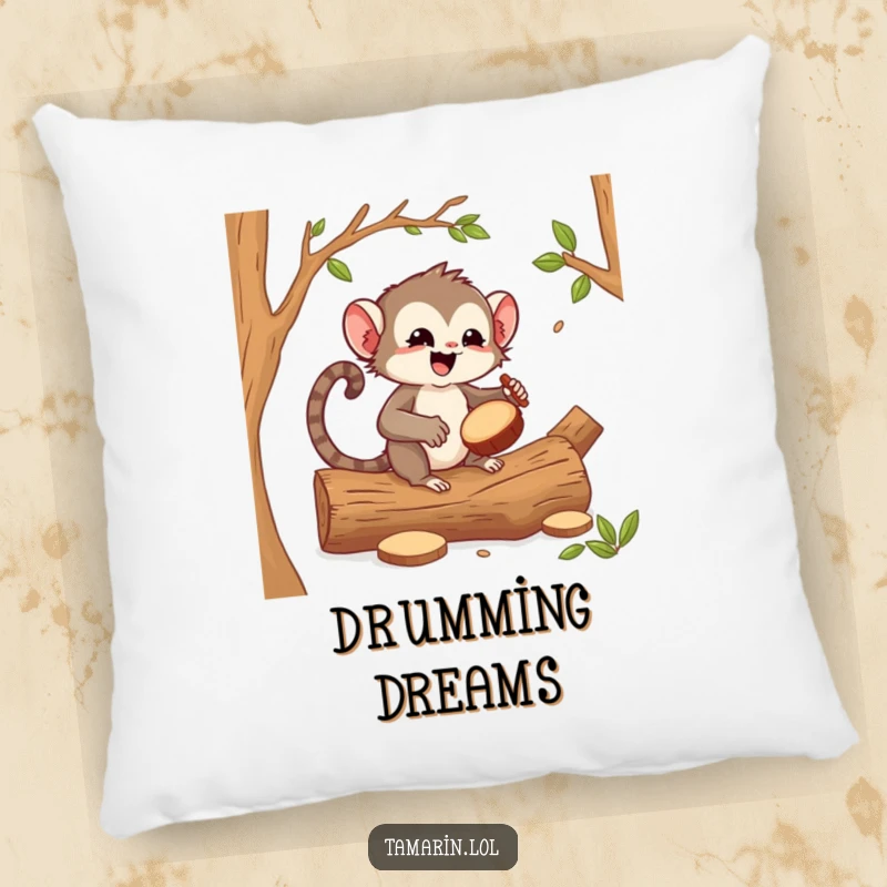 Funny tamarin drummer pillow, a happy tamarin drumming on logs, providing comfort and a touch of playful musical energy.