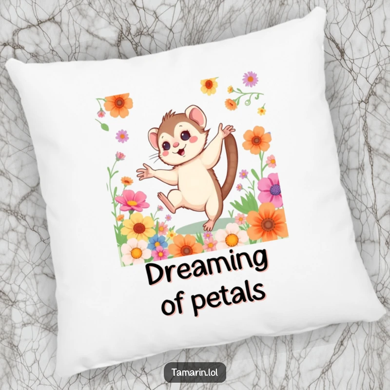 Funny Cartwheeling Tamarin Pillow: A soft pillow featuring a joyful monkey doing a cartwheel among colorful flowers, adding vibrant cheer.