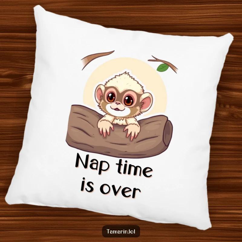 Funny pillow featuring a curious tamarin monkey poking its head out from a log, offering comfort and a touch of playful jungle vibes.