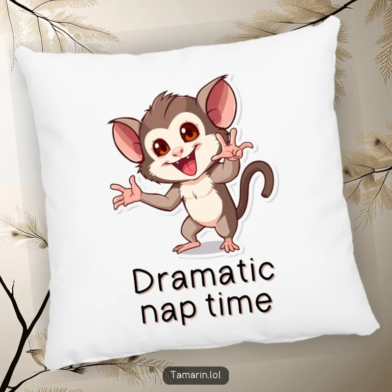 Funny pillow featuring a tamarin character striking a dramatic and exaggerated pose with a flourish.