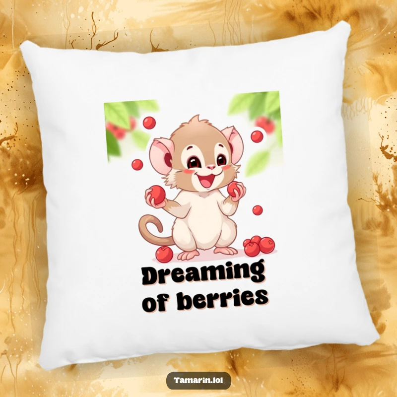 Funny pillow featuring a tamarin character joyfully juggling round berries, its expression full of delight.