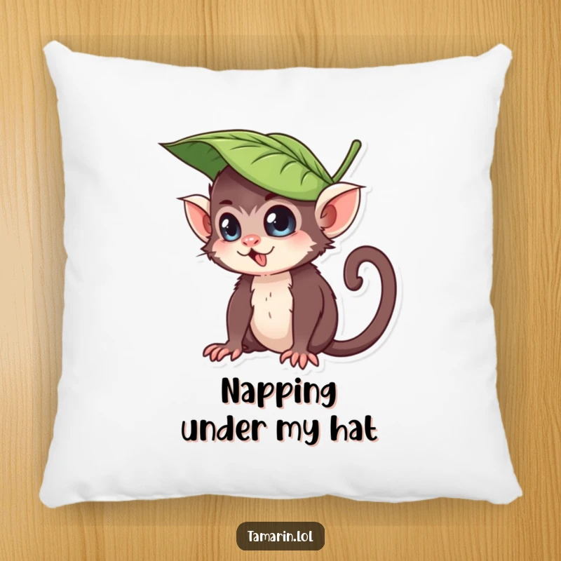 Funny pillow featuring a tamarin character wearing a leaf shaped hat, looking charmingly mischievous and playful, perfect for adding humor to any seating area.