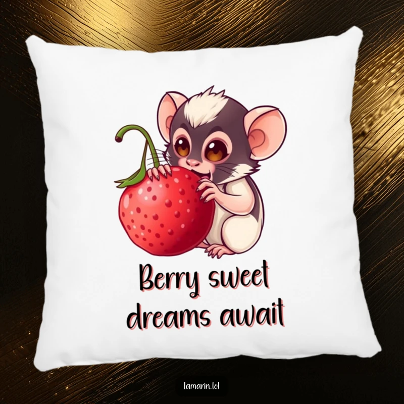 Funny tamarin pillow: a plush cushion depicting a smiling monkey blissfully eating a plump, oversized berry, offering comfort and comedy.